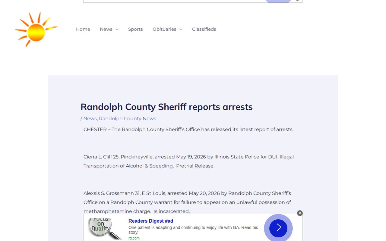 Dated Sun Times Randolph County Sheriff arrest report with source and status wording