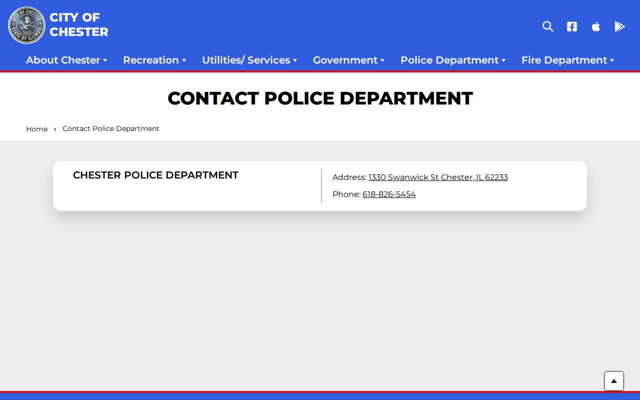 Official Chester Police Department contact page with municipal contact information