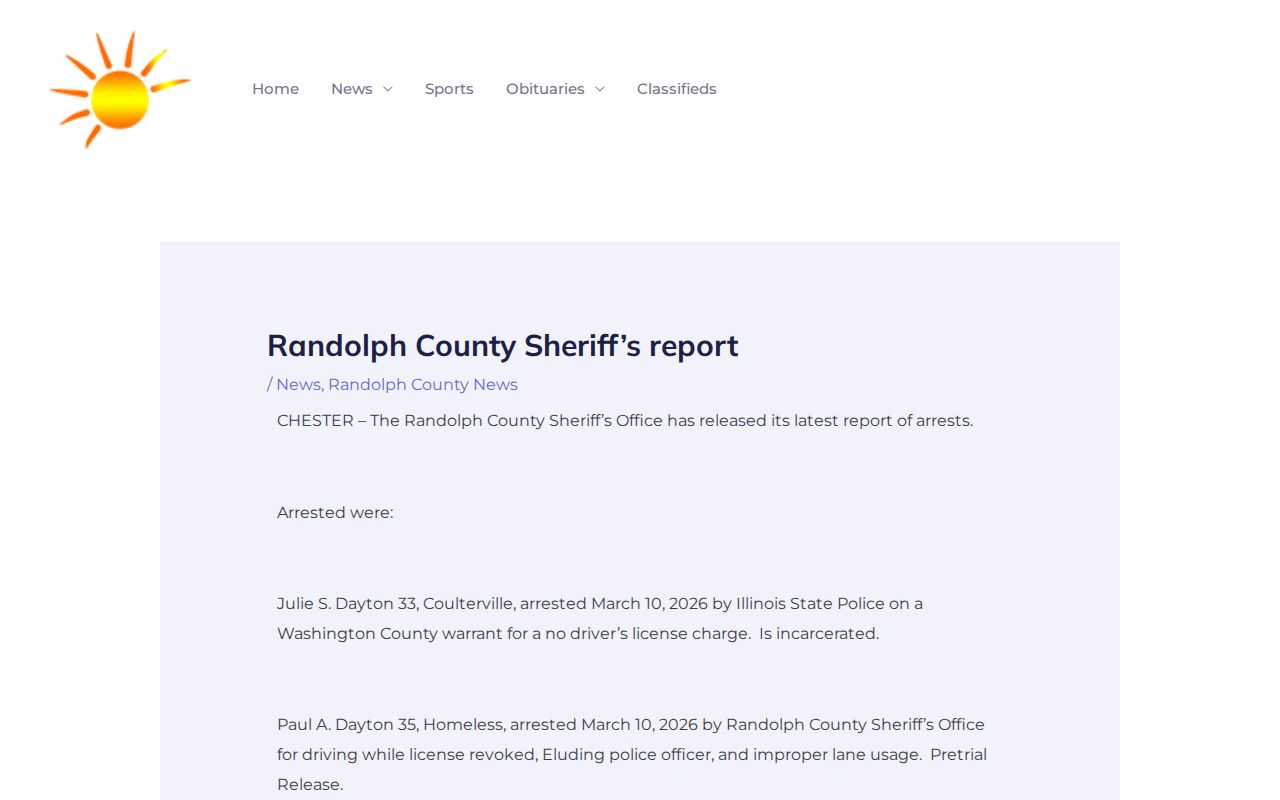 Recurring Sun Times Randolph County Sheriff report page